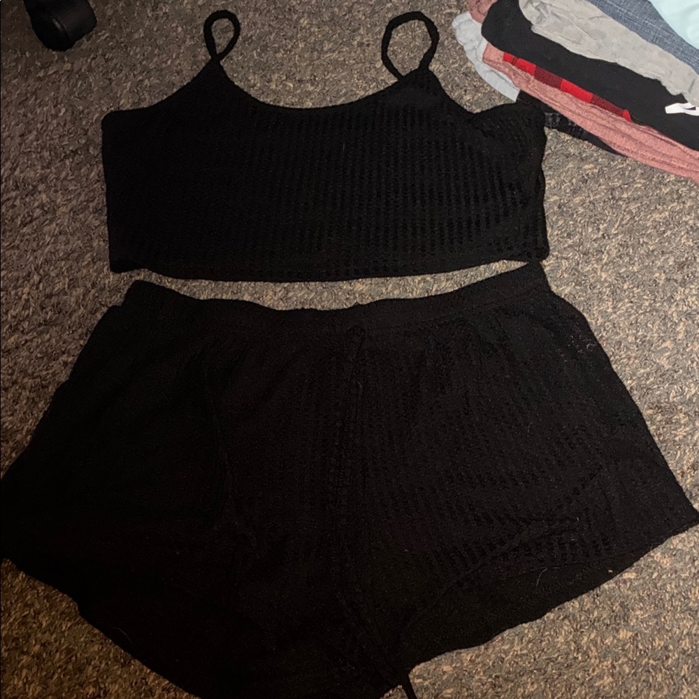 Black Cropped Tank and Shorts Set